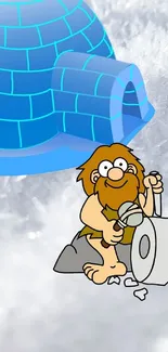 Cartoon caveman with igloo on ice background wallpaper.