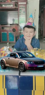 A cheerful child with a birthday cake and a sports car in a colorful room.