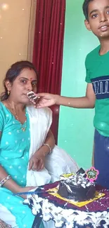 A mother and son sharing cake in a cozy home setting.