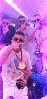 Team celebrating victory with trophies on a plane.