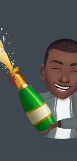 Avatar popping champagne with a joyful smile on a dark background.