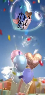 Sky with heart balloons reading 'It's a Girl' amidst colorful confetti.