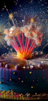 Colorful cake with fireworks celebration on dark background.