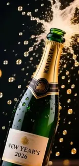 Champagne bottle exploding with festive bubbles.
