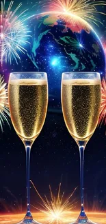 Fireworks and champagne glasses with Earth in the background.