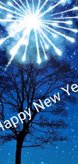 Burst of fireworks with 'Happy New Year' text over a tree silhouette.