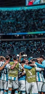 Soccer team celebrates victory in a bustling stadium setting.