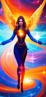 Celestial art with fiery angel and cosmic swirl in vibrant colors.