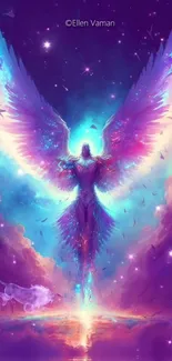 Celestial angel with vibrant wings in a fantasy setting.