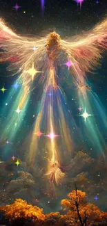 Vibrant angel soaring in starry night sky above colorful clouds.