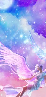 Ethereal angel floating in a dreamy, colorful celestial sky.