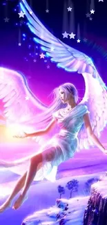 Ethereal angel with wings in vibrant fantasy landscape