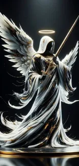 Celestial angel with wings and sword glowing against dark backdrop.