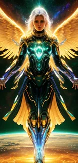 Celestial angelic warrior with golden wings in cosmic art, perfect mobile wallpaper.