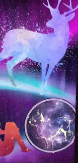 Galaxy themed animal silhouettes on a mystical, colorful wallpaper.