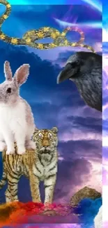 Wallpaper of rabbit, tiger, and raven in a colorful celestial sky.