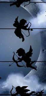 Celestial archer angels silhouettes with a mystical night sky background.