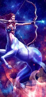 Celestial centaur archer in a cosmic background, vibrant and dynamic.