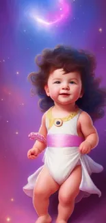 A celestial-themed baby portrait with vibrant, cosmic colors and dreamy design.