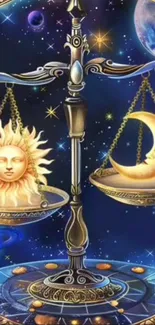 Celestial wallpaper featuring sun and moon balancing on scales with a starry night sky.