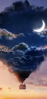 Enchanting night sky balloon with crescent moon and clouds.