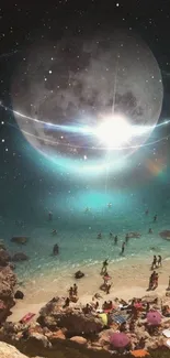 Celestial scene with beach and planets, surreal landscape art.