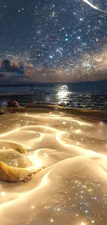 Celestial beach scene with crescent moon and starry sky.