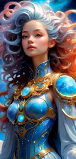 Ethereal fantasy art of celestial figure with vibrant blue and orange hues.