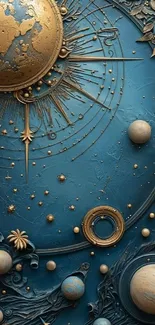 Celestial-themed blue and gold planetary art wallpaper with cosmic details.