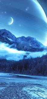 Majestic blue planet with mountains and night sky in fantasy art wallpaper.