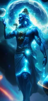 Mythological figure in blue cosmic setting.