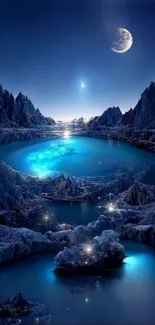 Celestial night landscape with blue lake and mountains under a crescent moon.