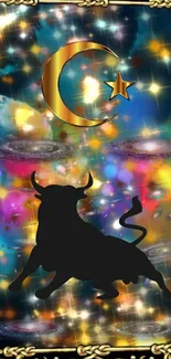 Bull silhouette with cosmic galaxy and golden crescent in vibrant colors.