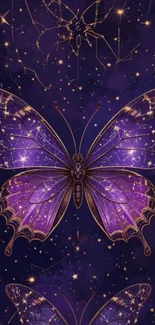 Celestial purple butterfly on a starry background wallpaper.