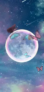 Butterflies flutter around a glowing moon in a colorful sky.