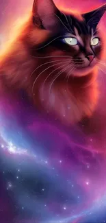 Celestial cat in a vibrant purple galaxy, perfect for mobile wallpaper.