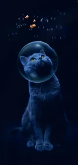 A mystical cat in an astronaut helmet gazes into the deep blue universe.