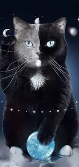 Mystical cat with celestial elements in a night sky theme.