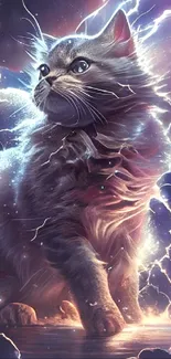 Majestic cat with lightning in fantasy background wallpaper.