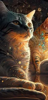 Celestial cats sitting among stars and planets in cosmic art wallpaper.