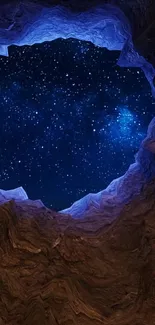 Starry night sky through rocky cave opening in beautiful mobile wallpaper.