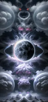 Celestial cloud art wallpaper with a glowing moon.