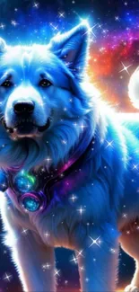 Cosmic blue dog surrounded by stars and a galaxy background.