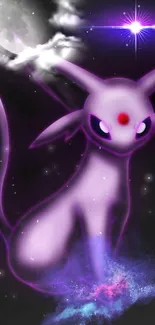 Mystical purple creature in celestial cosmic background with moon and stars.