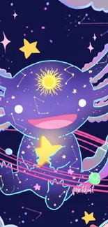 Celestial cartoon creature with stars and cosmic details on a navy background.