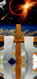 Celestial cross with cosmic background and Earth reflection.