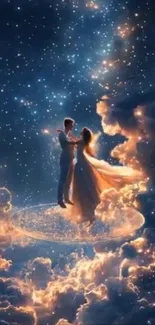 Silhouette couple dances among stars.