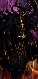 Dark warrior with cosmic purple background in fantasy artwork.