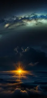 Celestial dawn with sunrise over clouds and starry night sky.