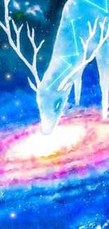 Celestial deer sipping from a colorful galaxy.